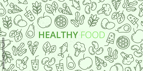 Green background with healthy food elements: fresh fruits, vegetables, and grains. Perfect for diet, nutrition, organic food, wellness concepts. Modern style illustration for banners, packaging.