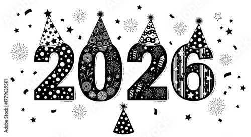 Happy New Year 2026 Celebration Festive Design with Party Hats and Confetti