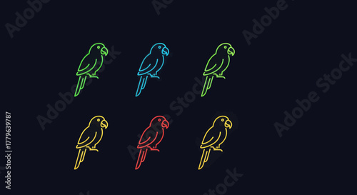 Vibrant parrots in colorful neon outlines against a dark background