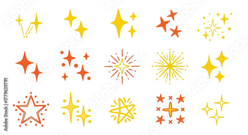 Doodle star and sparkle icon set. Yellow and orange hand-drawn shining elements for festive 2026 happy new year designs
