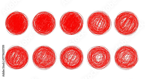 Vibrant collection of ten distinct hand-drawn red circles, each adorned with a playful, scribbled texture, offering versatile graphic elements for creative design, visual markers,