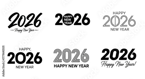 Collection of Six Unique 'Happy New Year 2026' Text Designs Featuring Bold Typography and Stylish Accents