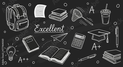 Hand-drawn school supplies and education icons in a chalk doodle style on a blackboard. Concept of learning and academic success