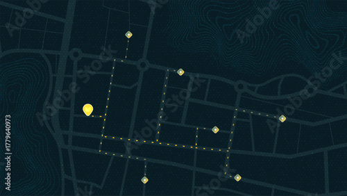 Dark mode city map interface with route tracking and glowing location pins. Vector illustration.