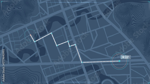 GPS Navigation Route on Digital City Map with Topographic Contour Lines and Location Markers. Vector illustration