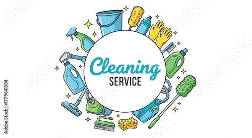 Vibrant illustration of professional cleaning service tools, featuring an array of essential household supplies arranged in a welcoming circular frame for home and office hygiene maintenance