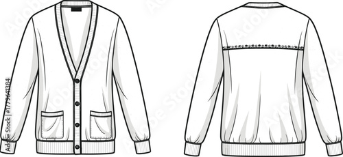 Classic button-up cardigan sweater flat sketch with ribbed cuffs, pockets, and back yoke stitch detailing front and back view