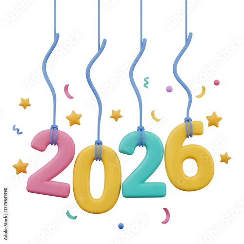 3d icon of colorful 2026 new year celebration with stars isolated on transparent background