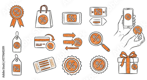 A hand-drawn doodle style icon set with orange accents for shopping, sales, and discount promotions, including coupons, price tags, and loyalty rewards for e-commerce and retail