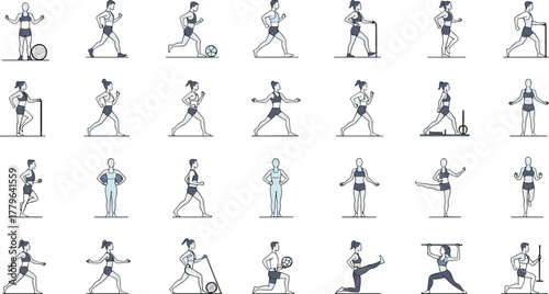 Colorful fitness workout exercise illustration set showing running, stretching, yoga, training, gym activity and healthy lifestyle poses