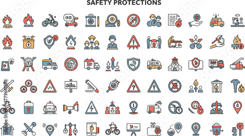 Colorful safety protection icons collection, fire prevention symbols, industrial hazard alert signs, emergency rescue pictograms, caution warning vector set