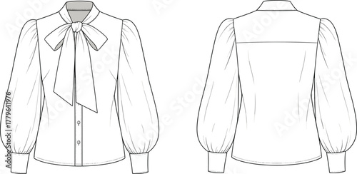 Elegant women bow tie blouse vector flat sketch, long puff sleeve shirt fashion design template, formal clothing illustration