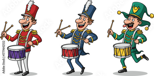 Funny cartoon drummers marching illustration, parade musicians characters, festive marching band art, colorful performance, joyful carnival celebration design