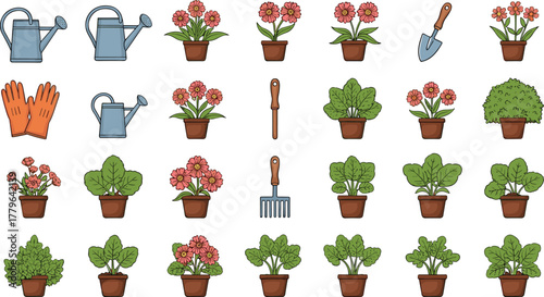 Gardening tools and flower pots illustration set, garden plants and equipment collection, spring planting and home garden concept