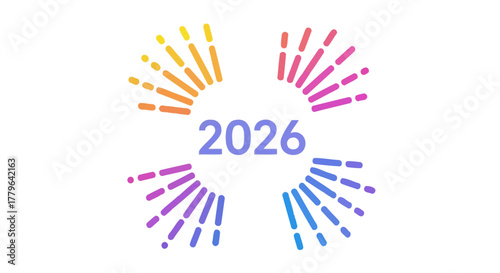 Happy New Year 2026 festive celebration design with colorful gradient firework bursts on a clean white background