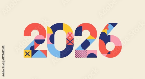 A vibrant and abstract graphic representing the year 2026 with colorful geometric shapes and patterns, celebrating a forward-looking new year