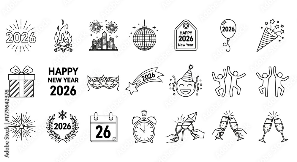 Obraz premium Sparkling Celebrations A Collection of Festive Icons for Happy New Year 2026