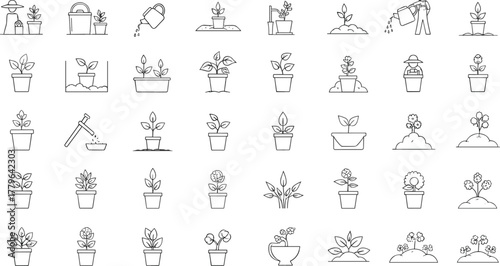 Line art gardening and plant growth icons set, minimalist flower pot illustration, eco farming and nature care concept