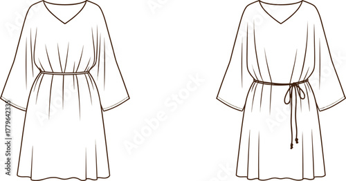 Loose fit kimono sleeve dress technical flat sketch with waist tie belt, v-neckline, relaxed flowy silhouette fashion design