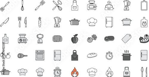 Kitchen utensil and cooking tool icon collection with food, appliances, chef hat, and culinary elements in modern flat vector design