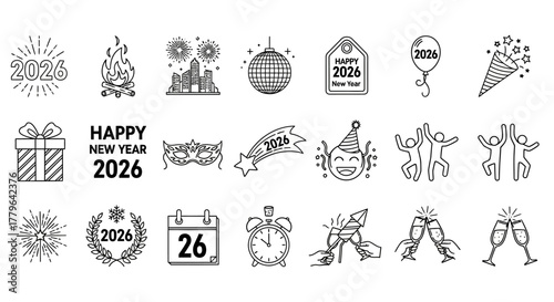 Sparkling Celebrations A Collection of Festive Icons for Happy New Year 2026