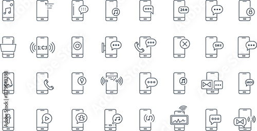 Minimalist smartphone communication icon set, line art mobile chat, call, message, and technology interface symbol collection