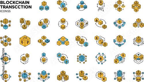 Modern blockchain transaction icons set, cryptocurrency technology symbols, digital finance illustration, decentralized network and crypto exchange concept collection