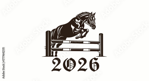 Classic equestrian sport logo with a powerful horse clearing a jump, a symbol of achievement for the year 2026
