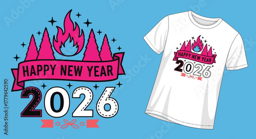 Happy New Year 2026 Design with Festive Elements and a T-shirt Mockup