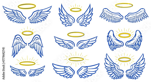 Diverse vector collection of celestial angel wings and radiant golden halos, perfect for spiritual, mystical, or heavenly graphic design elements, symbolizing grace, peace, and divine inspiration