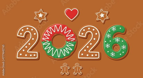 Festive gingerbread cookie numbers forming 2026 for a sweet Happy New Year celebration design