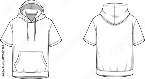 Short sleeve hoodie technical flat sketch with front kangaroo pocket, drawstring hood, ribbed hem, casual unisex streetwear design
