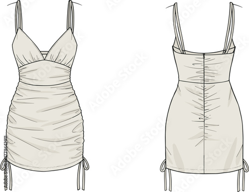 Trendy ruched bodycon mini dress flat sketch with spaghetti straps, deep v neckline, side drawstrings, and slim silhouette