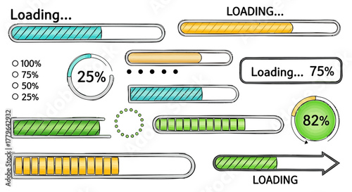 Collection of various progress bars and loading indicators in different styles and colors