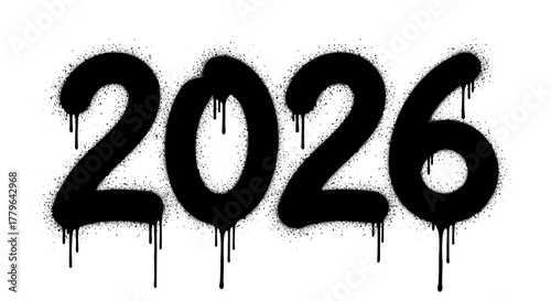 Urban style graffiti text '2026' with paint drips, symbolizing the approaching new year and future events in a bold, contemporary graphic design
