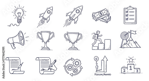 Comprehensive Hand-Drawn Business and Success Icons Collection Visualizing Startup Growth, Goal Achievement, Financial Progress, and Strategic Planning Concepts
