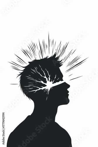 Silhouette of a man with an exploding head effect symbolizing stress, anxiety, mental overload, and emotional pressure in a modern conceptual vector illustration.