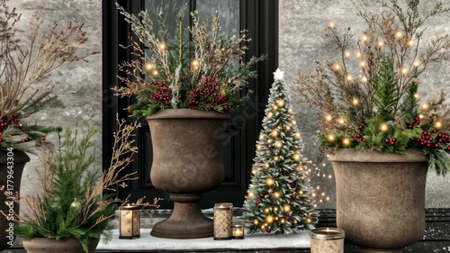 Bright and inviting holiday decor enhances the entrance with lush plants, twinkling lights, and seasonal charm