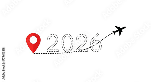 Symbolic journey to 2026 with an airplane flying a dashed route from a map pin, representing future travel plans and new year goals