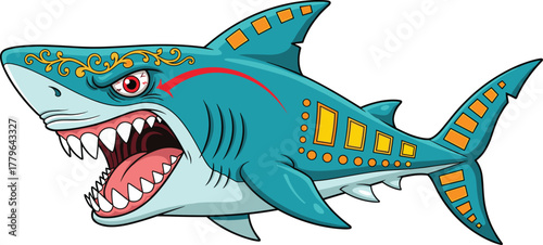 Konstfotografi Cartoon shark illustration, tribal mechanical design, fierce predator artwork, d