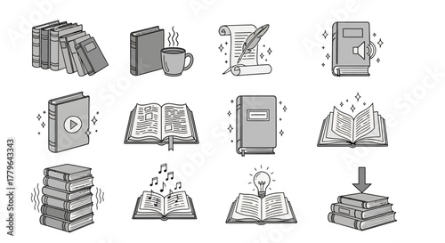 Monochrome Book Icons Collection Reading and Education Graphics
