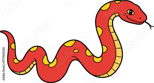 Cartoon red snake, smiling reptile character, cute vector mascot, playful children illustration, yellow spotted design, friendly face, cad drawing flat vector illustration