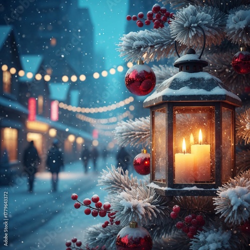 Cinematic photorealistic Christmas lantern and burning candles digital illustration, snowy night holiday card, antique decor and glowing festive street with cozy winter cityscape