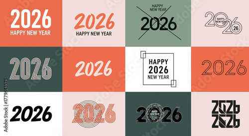 Happy New Year 2026 celebration designs with modern typography and graphic elements for festive greetings