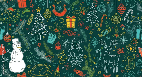 Joyful hand-drawn holiday pattern featuring classic Christmas and winter symbols for festive season greetings and celebration backgrounds