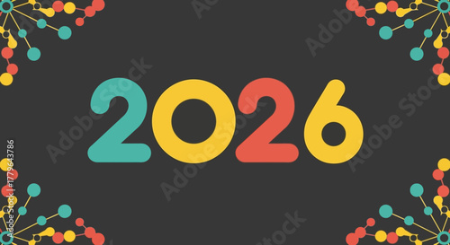 Celebrate the arrival of 2026 with a vibrant and festive illustration featuring colorful geometric elements and the prominent number '2026'