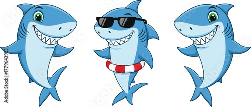 Cartoon sharks with smiling faces, funny vector illustration, flat design, ocean animals concept, anthropomorphic sea life drawing for children education