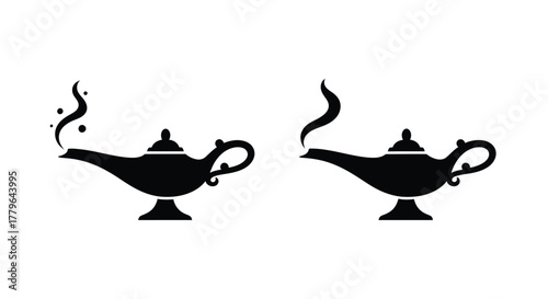 Two black silhouette magic lamps with smoke coming from the spouts