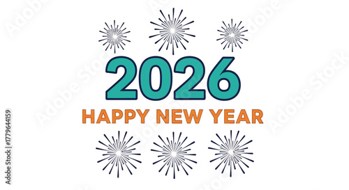 A vibrant graphic illustration celebrating the arrival of the year 2026 with a cheerful 'Happy New Year' message and festive fireworks