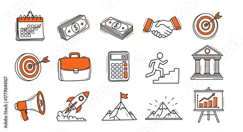 Business, Finance, and Goal-Setting Icons in Doodle Style